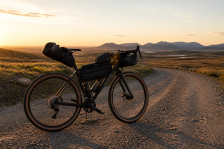 Loaded bikepacking bike on a remote route well suited to multi-day recording