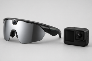 Cyclist comparing a mounted action camera with camera glasses