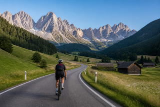 Cyclist riding a scenic valley road with mountains in the background
