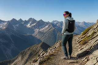 Hiker on a mountain trail wearing camera glasses on a long day out