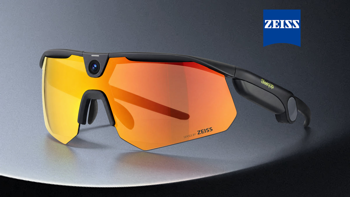 BLEEQUP Ranger AI Sports Camera Glasses — smart sport sunglasses with built-in front camera, matte black frame and orange-tinted reflective lenses