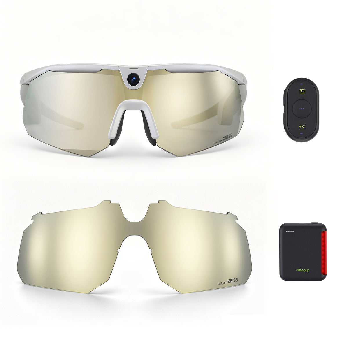 BleeqUp Ranger Ultimate Bundle, white ZEISS gold lenses with ZEISS champagne replacement lens, Power Plus and Bluetooth controller